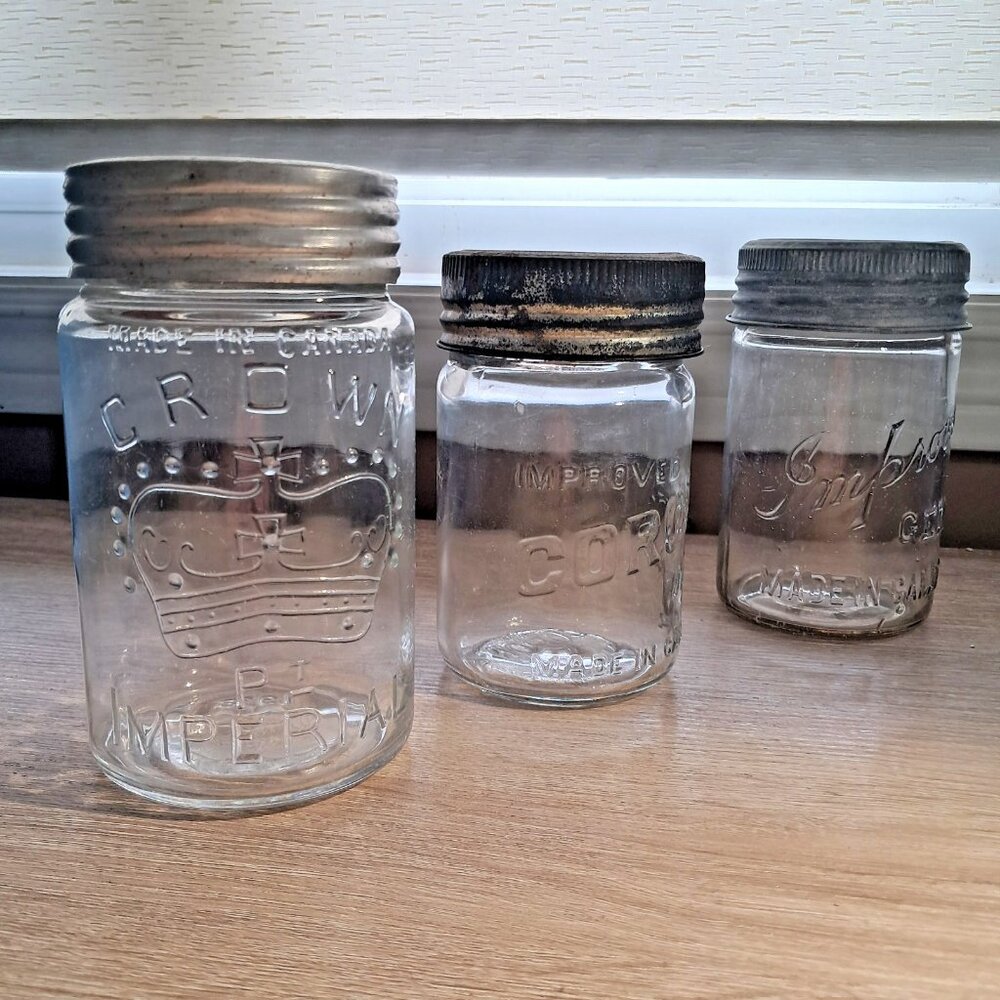 Mason Jars-Glass Lids-Zinc Rings-Dominion Glass of Montreal-Set of 3-VTG